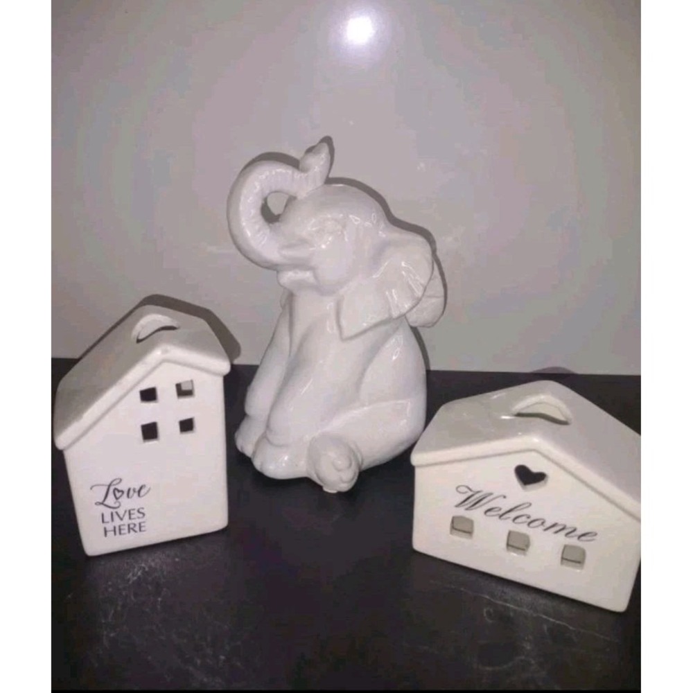 White Ceramic Angel Elephant Figurine & 2 Mini House Candle Holders Set